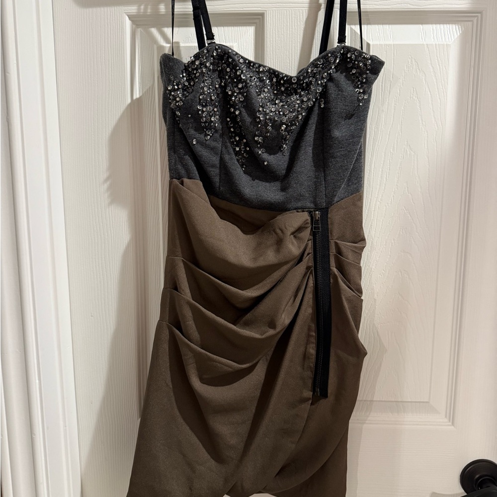 Miss Me Charcoal and Taupe Beaded Mini Dress
